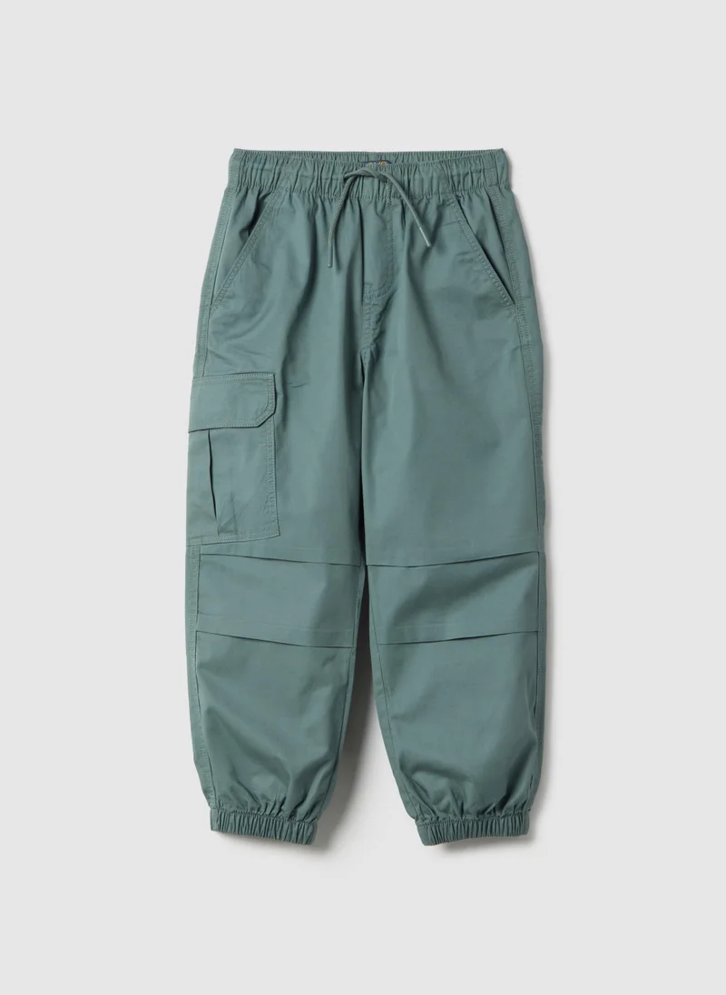 او في اس OVS Boys' Green Pure Cotton Cargo Jogger Trousers Relaxed Fit